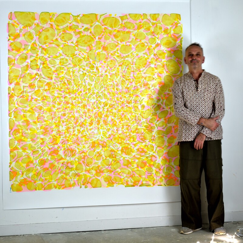 Dans l'atelier de l'artiste.
Pantha Rhei I, Più Vicino del Paradiso
Acrylique & encre sur toile libre
180 X 180 cm
2023